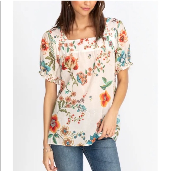 Johnny Was Ekru Ardell Puff Sleeve Floral Top XXS 100% Cotfon - Picture 1 of 10